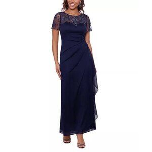 Xscape Womens Size 4 Navy Blue Ruched Embellished Formal Evening Dress Gown